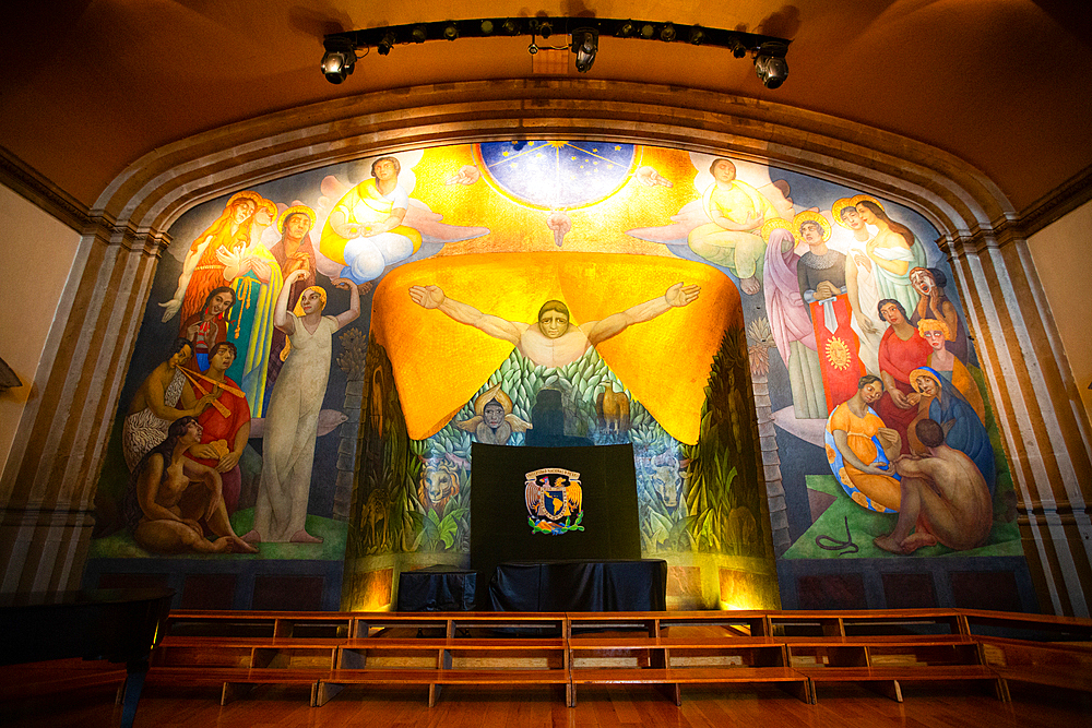 Theater Stage with Diego Rivera's Fresco The Creation, Art and Culture Museum, College of San Ildefonso, founded 1588, Historic Center, Mexico City, Mexico, North America