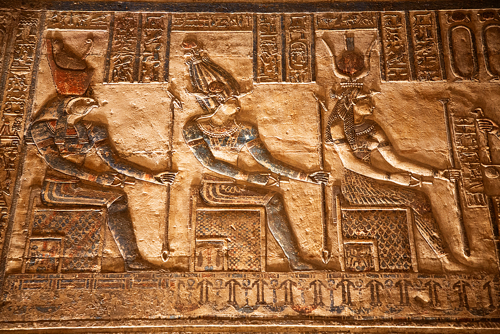 Reliefs of the God Horus on the left with Pharaoh in center and Goddess Hathor on left, Sanctuary, Temple of Hathor, Dendera, Qena, Egypt, North Africa, Africa