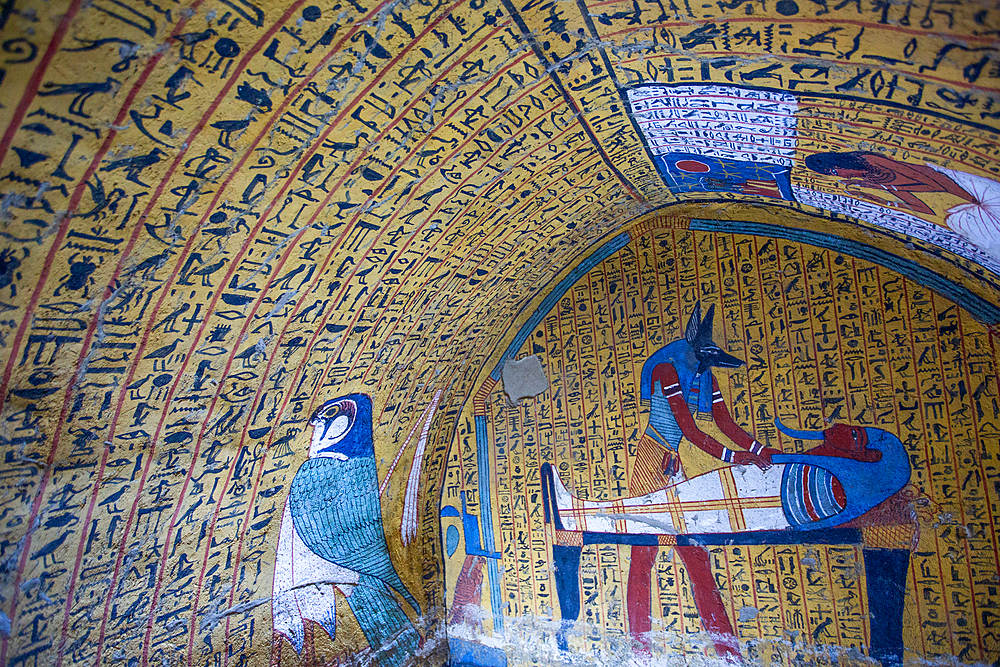 Wall paintings of God Anubis Tending to Pharaoh on far wall, Tomb of Khaemteri, TT220, Deir el-Medina Tombs (Worker Tombs), Thebes, UNESCO World Heritage Site, Luxor, Egypt, North Africa, Africa