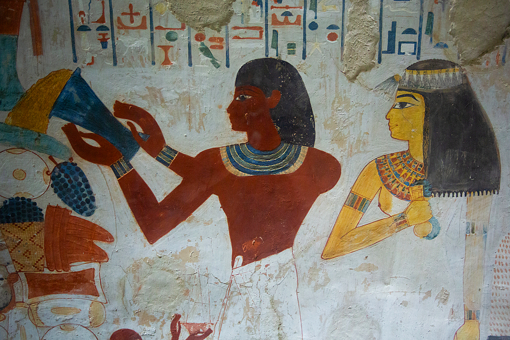 Image of Nakht and wife Tawny, Wall Paintings, Tomb of Nakht, TT52, Tombs of the Nobles, Ancient Thebes, UNESCO World Heritage Site, Luxor, Egypt, North Africa, Africa