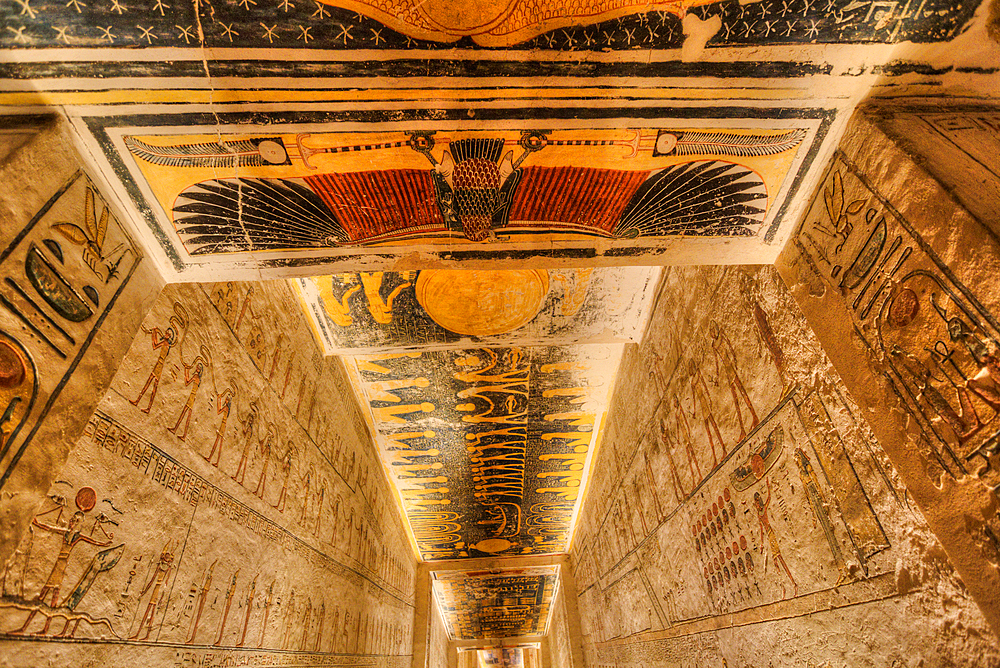 Ceiling Reliefs, Corridor, Tomb of Rameses V and VI, KV9, Valley of the Kings, Ancient Thebes, UNESCO World Heritage Site, Luxor, Egypt, North Africa, Africa