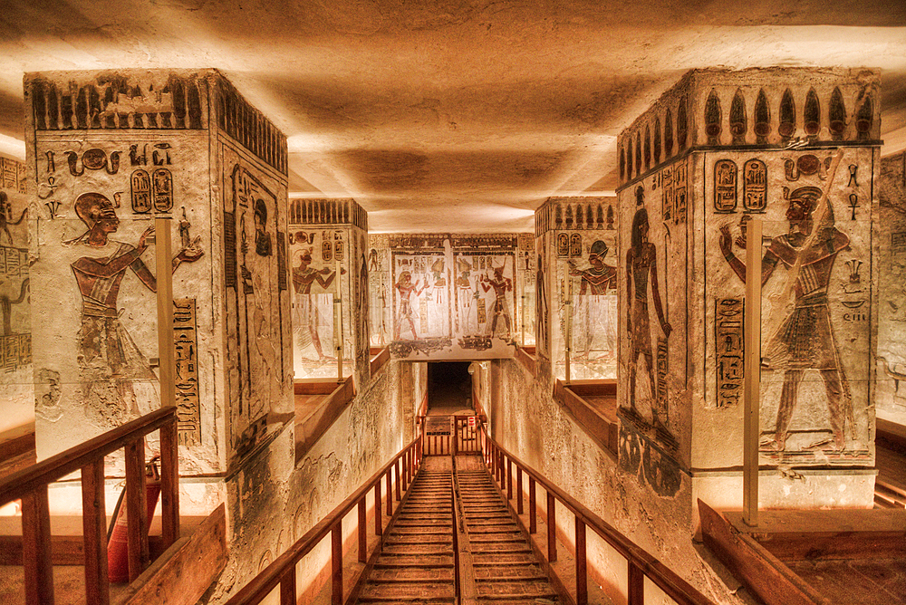 Wall and Square Column Reliefs, Tomb of Rameses III, KV11, Valley of the Kings, Ancient Thebes, UNESCO World Heritage Site, Luxor, Egypt, North Africa, Africa