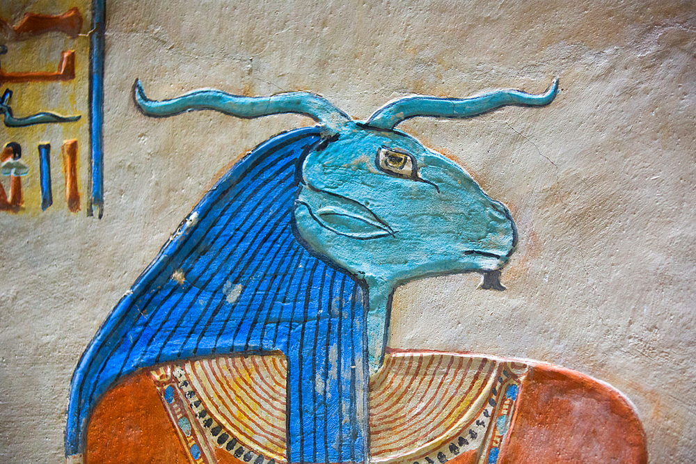 Image of God Khnum, Bas Relief, Tomb of Prince Amenherkhepshef (Amenkopshef), QV55, Valley of the Queens, Ancient Thebes, UNESCO World Heritage Site, Luxor, Egypt, North Africa, Africa