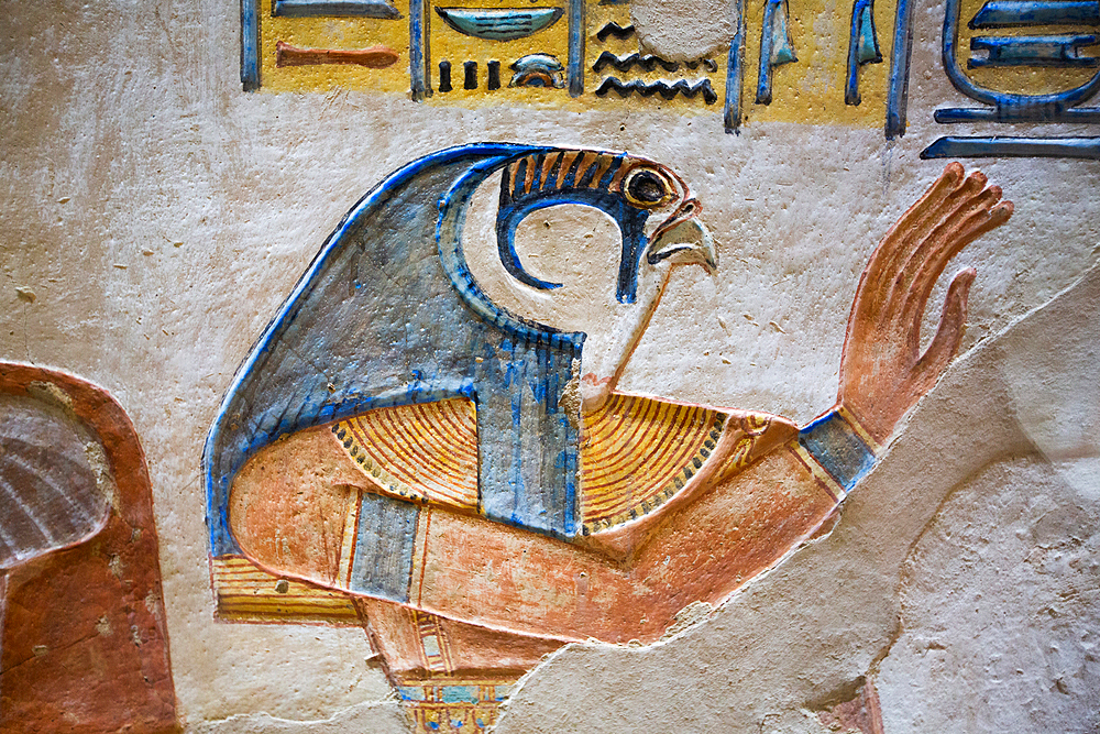 Image of God Horus, Bas Relief, Tomb of Prince Amenherkhepshef (Amenkopshef), QV55, Valley of the Queens, Ancient Thebes, UNESCO World Heritage Site, Luxor, Egypt, North Africa, Africa