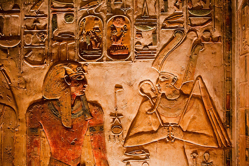 Pharaoh Seti I on left and God Osiris right, Bas Relief, Tomb of Seti I, KV17, Valley of the Kings, Ancient Thebes, UNESCO World Heritage Site, Luxor, Egypt, North Africa, Africa