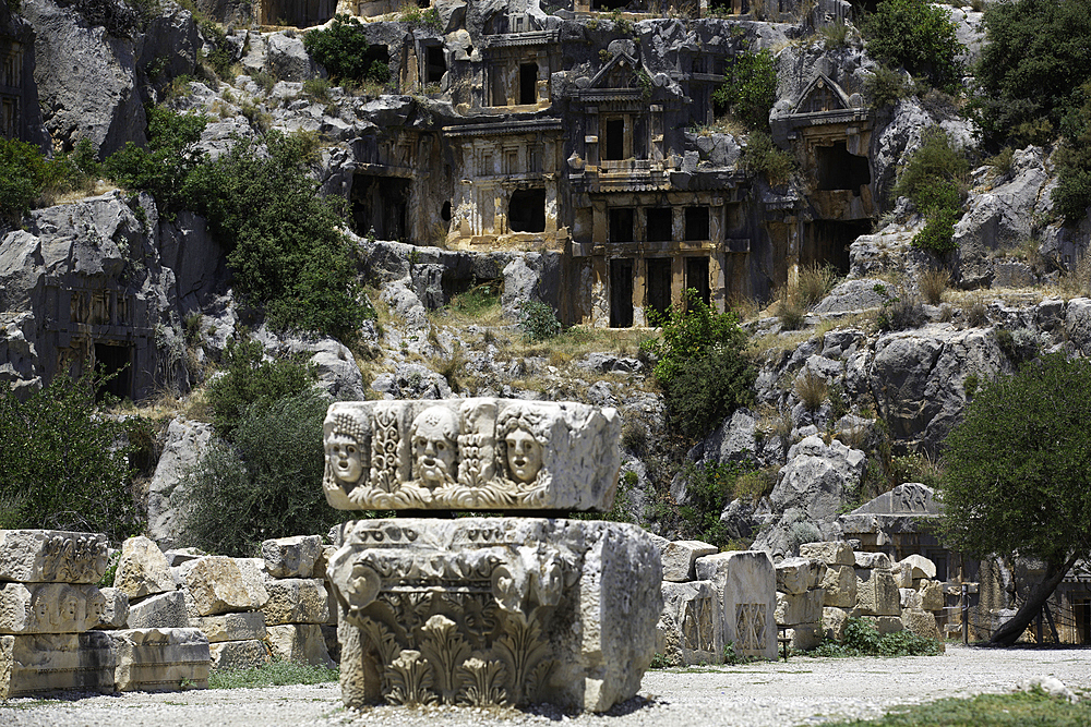 Lycian Rock Sculpture (foreground), Lycian Rock Tombs, 4th Century BC, Myra Ancient City, Demre, Antalya, Turkey