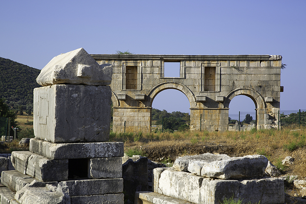 Lycian Sarcophagus, Arch of Modestus (background), Patara Ancient City (origins back to 5,500 BC), Patara National Park, Antalya, Turkey