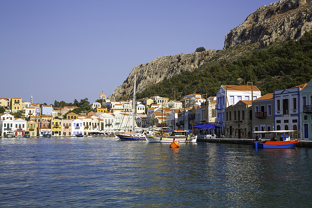 Boats, Houses, Harbor, Megisti Bay, Kastellorizo, Dodecanese Islands, Greece