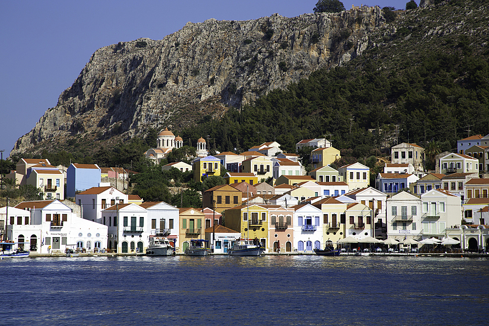 Boats, Houses, Harbor, Megisti Bay, Kastellorizo, Dodecanese Islands, Greece