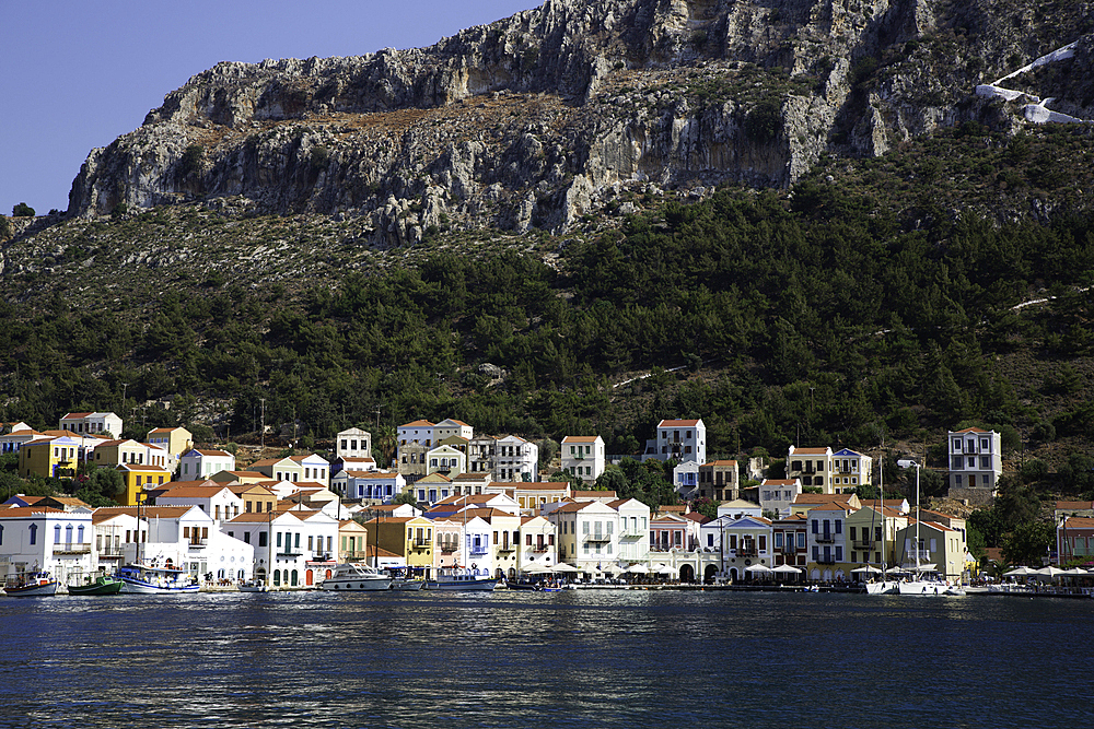 Boats, Houses, Harbor, Megisti Bay, Kastellorizo, Dodecanese Islands, Greece