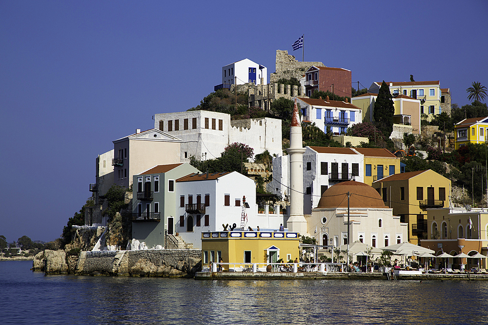 Mosque, Houses, Fort, Harbor, Megisti Bay, Kastellorizo, Dodecanese Islands, Greece