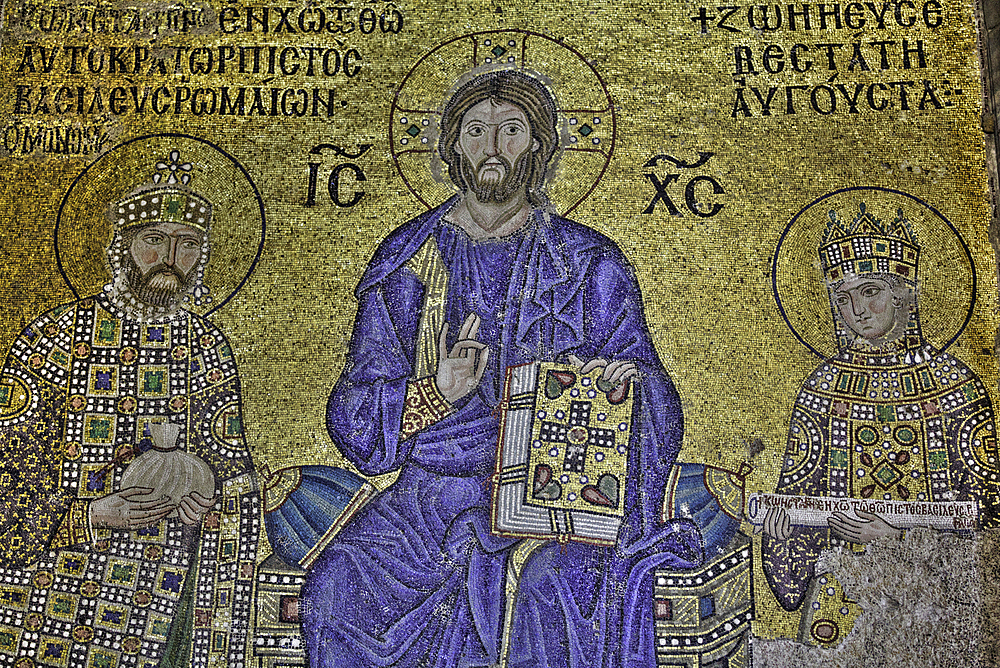 Mosaic, Emperor Constantine IX Monomachos (left), Jesus (center), Empress Zoe (right), Interior, Hagia Sophia Grand Mosque, Sultanahmet, Istanbul, Turkey