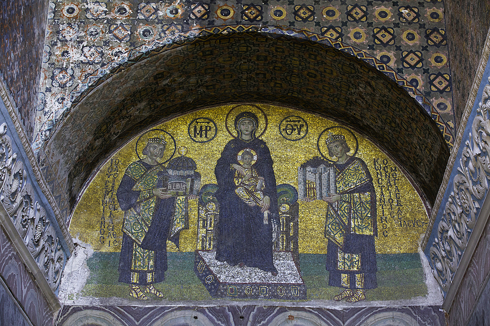 The Vestibule Mosaic, Justinian (left), Mary with Christ (center), Constantine (right), Hagia Sophia Grand Mosque, Sultanahmet, Istanbul, Turkey