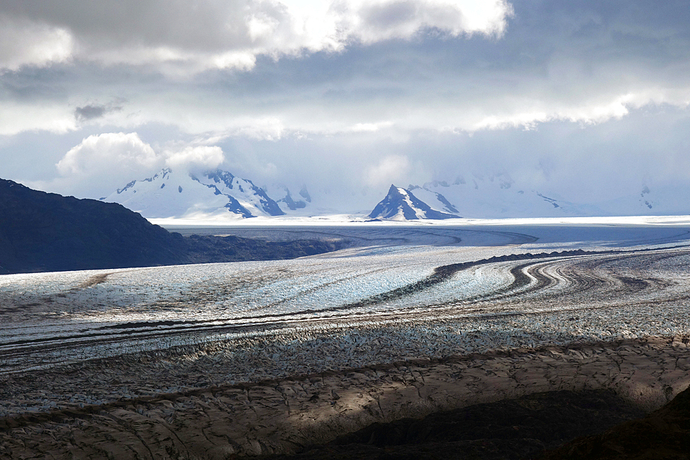 The Southern Patagonian Icesheet, one of the world's largest ice-caps, stretches along the western edge of the Chalten Massif, Patagonia