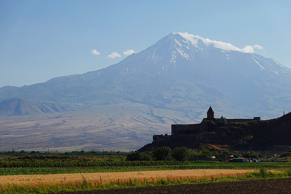 Looking towards Mount Ararat, Turkey's highest peak, from Khor Virap monastery, southern Armenia