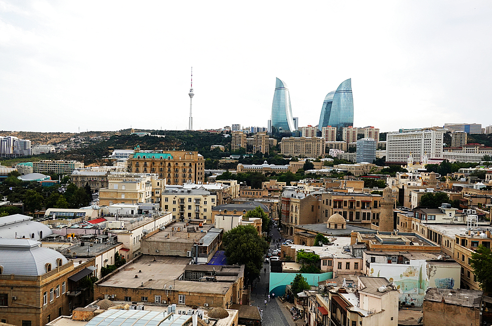 Architecture including the iconic Flame Towers in central Baku, Azerbaijan