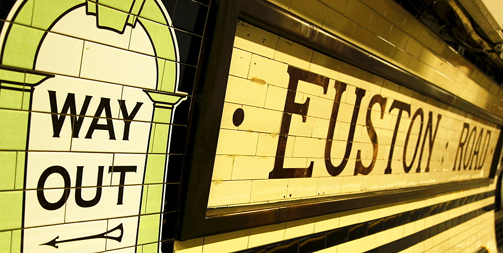 Victorian signage points the way out of Camden Town station on the Northern Line of the London Underground, Camden Town, London, England, United Kingdom, Europe