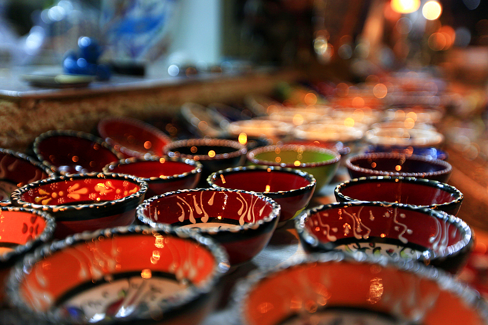 Traditional Turkish bowls on sale at a street stall in the old city of Antayla, Anatolia, Turkey, Asia Minor, Eurasia