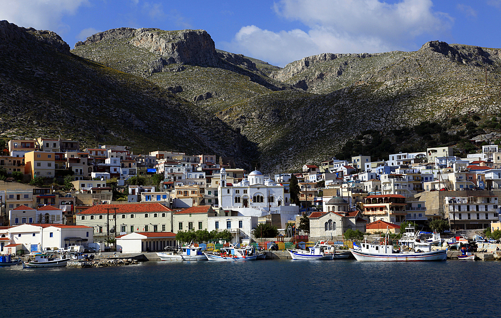 The town of Pothia seen from the sea, Kalymnos island, Dodecanese, Greek Islands, Greece, Europe