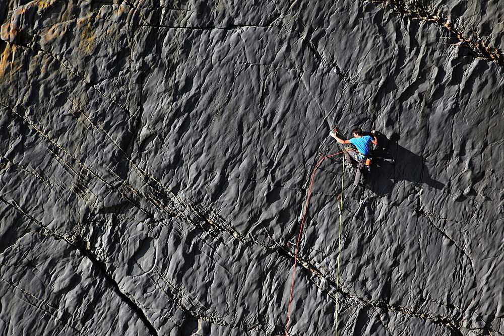 A climber scaling cliffs at Lower Sharpnose Point, near Bude, Cornwall, England, United Kingdom, Europe