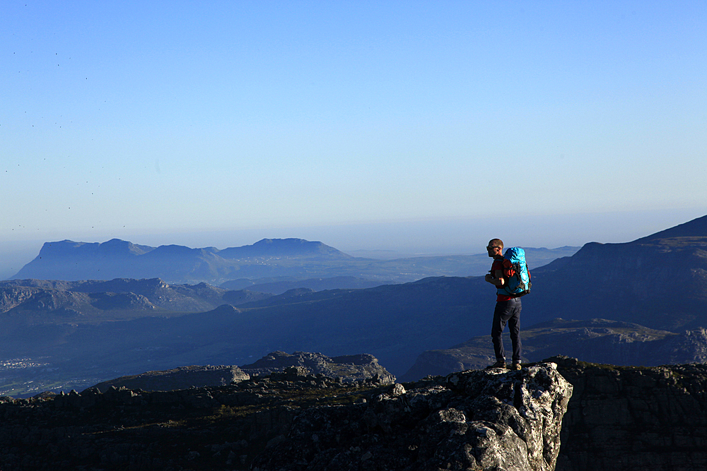 A hiker on Table Mountain, Cape Town, South Africa, Africa