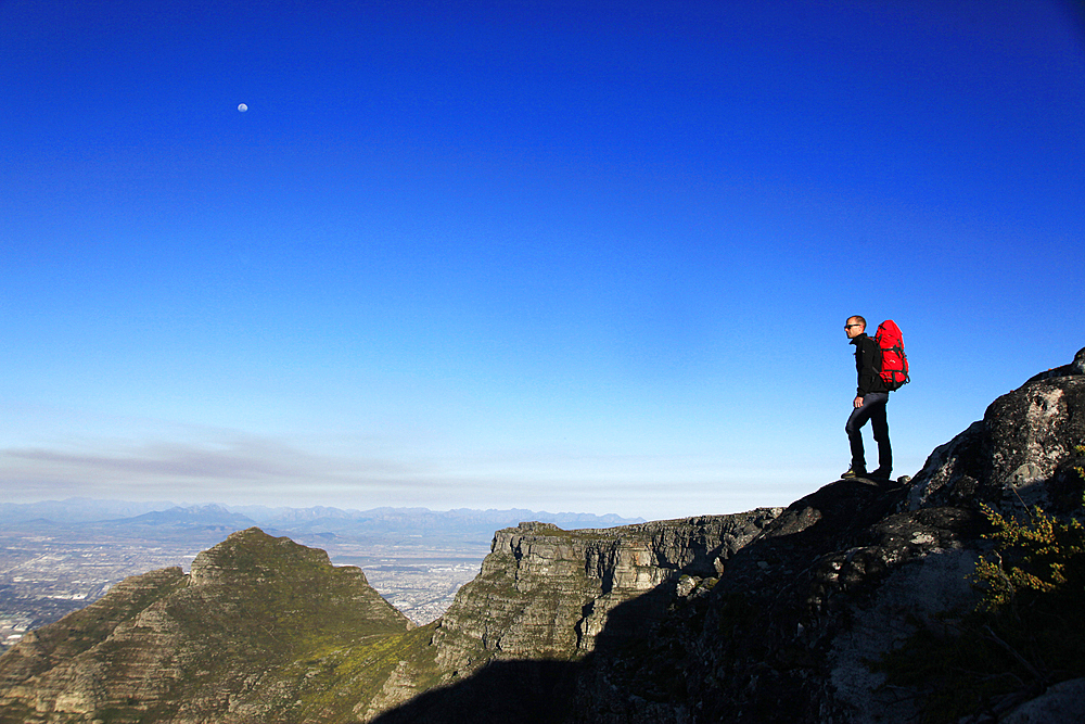 A hiker on Table Mountain, Cape Town, South Africa, Africa