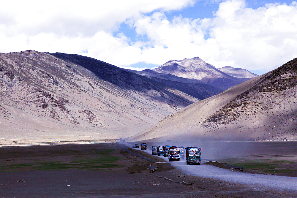 Trucks on one of the world's highest roads, the Manali to Leh highway, Ladakh, Himalayas, India, Asia