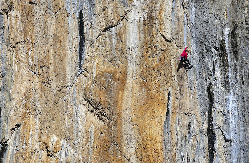 Rock climber in action, Collegats, Catalonia, Spain, Europe