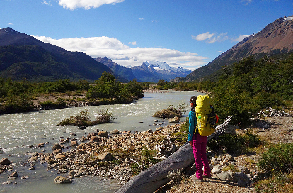 A hiker in the backcountry near El Chalten, Argentine Patagonia, Argentina, South America