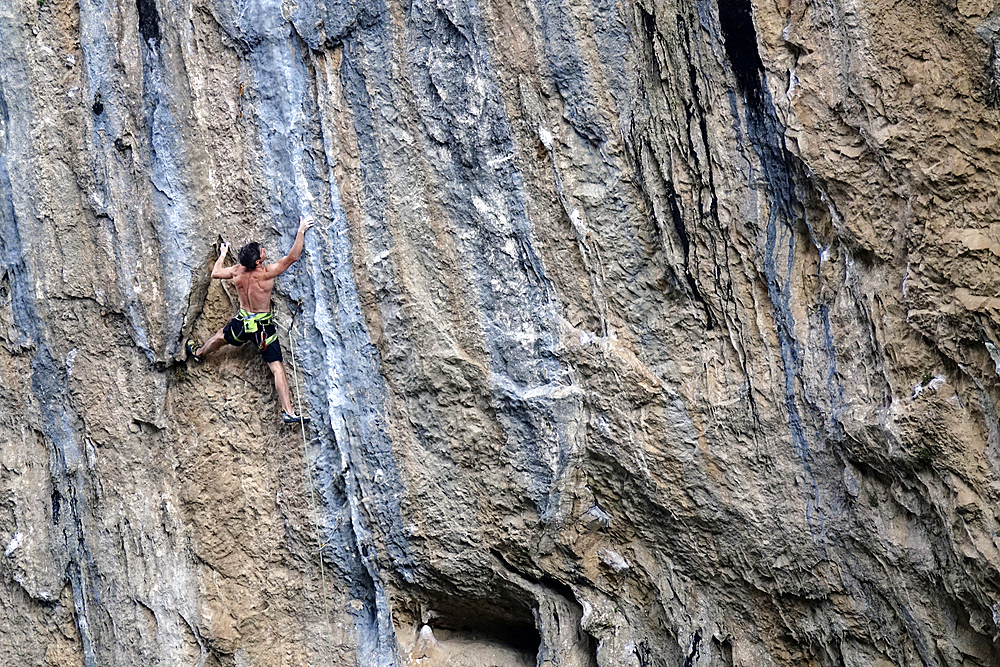 Rock climber at Collegats, Catalonia, Spain, Europe