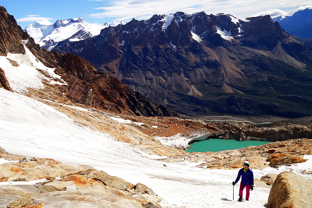 A climber in the backcountry below Monte Fitz Roy, El Chalten, Argentine Patagonia, Argentina, South America