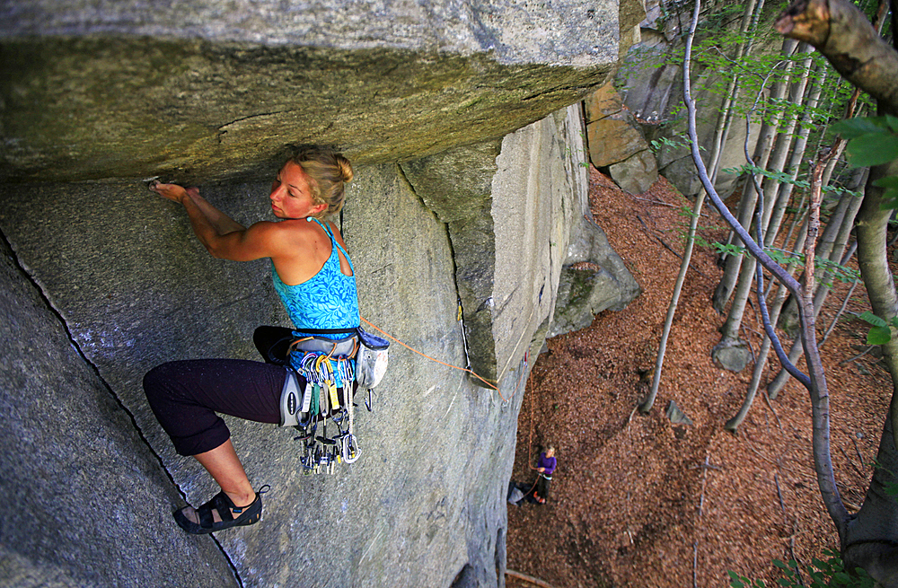 Rock climber in action, Cadarese, Italian Alps, northern Italy, Europe