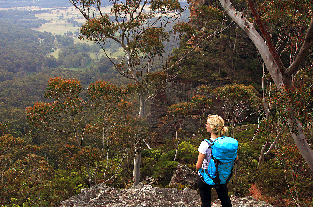 A woman hiking in the Blue Mountains, New South Wales, Australia, Pacific