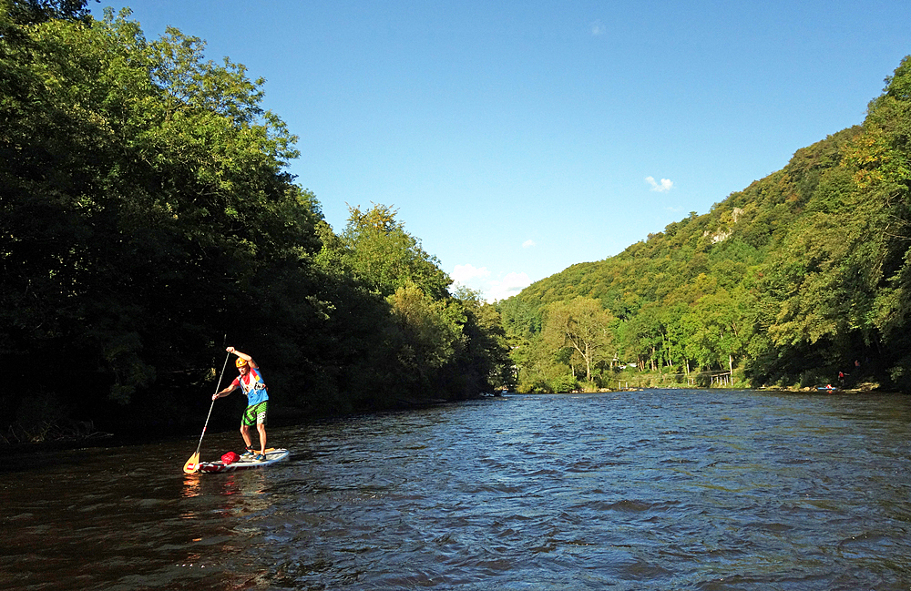 Paddle boarder on the River Wye at Symonds Yat, border of Herefordshire and Gloucestershire, England, United Kingdom, Europe