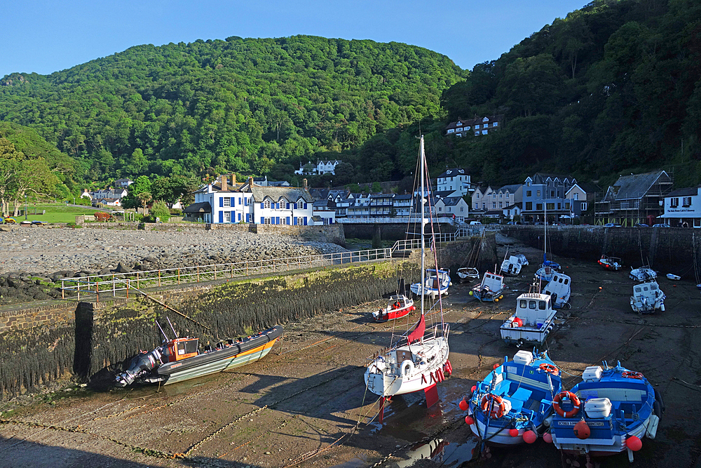 Boats at low tide in the harbour at Lynmouth, Exmoor Coast, North Devon, England, United Kingdom, Europe