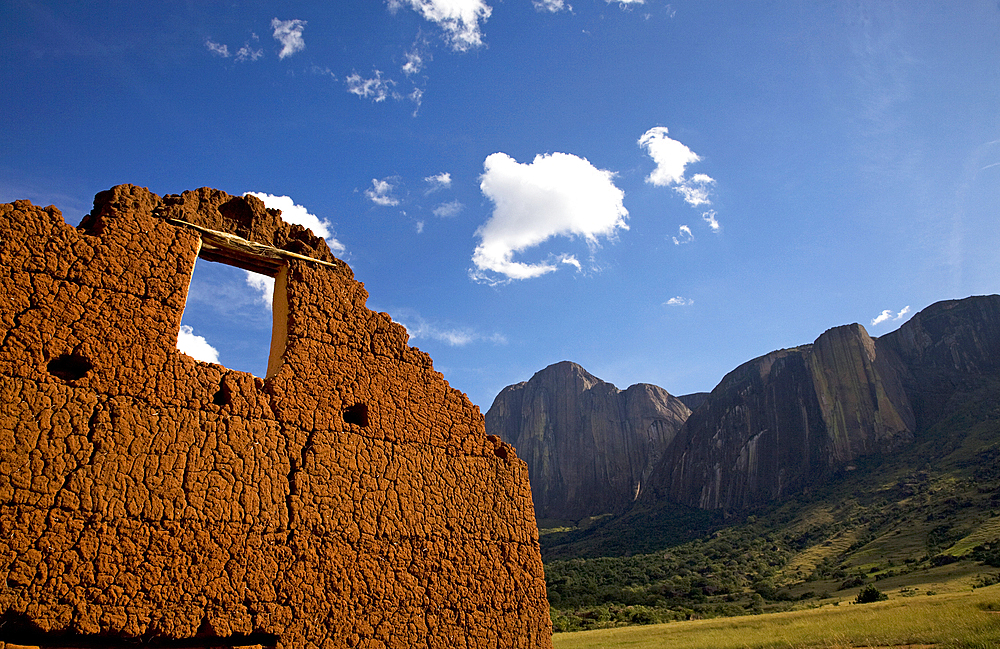 Adobe brick building, Tsaranoro Massif, southern Madagascar, Africa