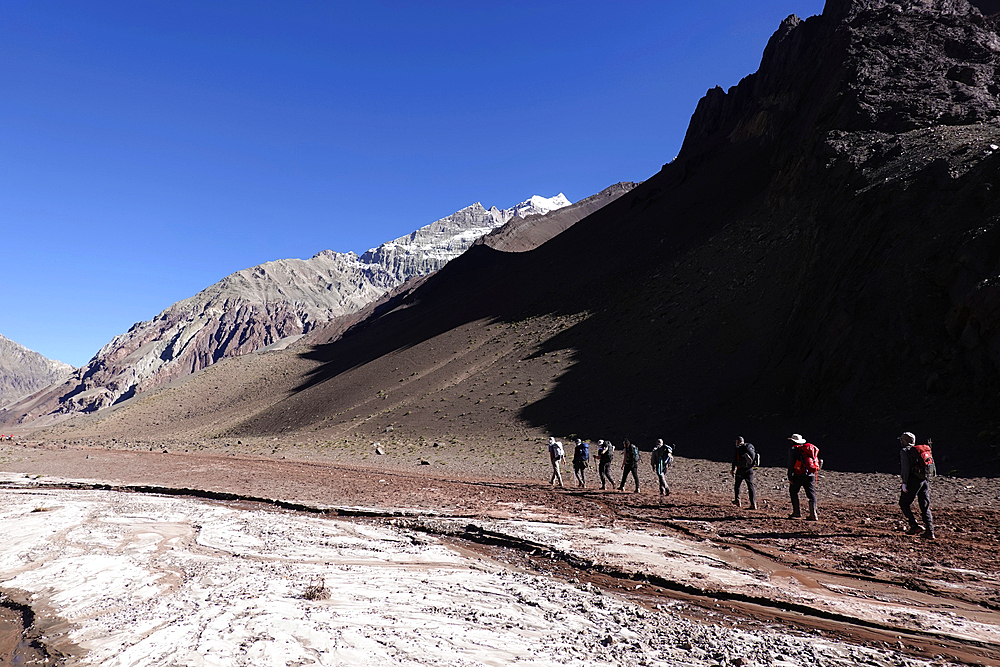 Climbers approaching Aconcagua, 6961 metres, the highest mountain in the Americas and one of the Seven Summits, Andes, Argentina, South America