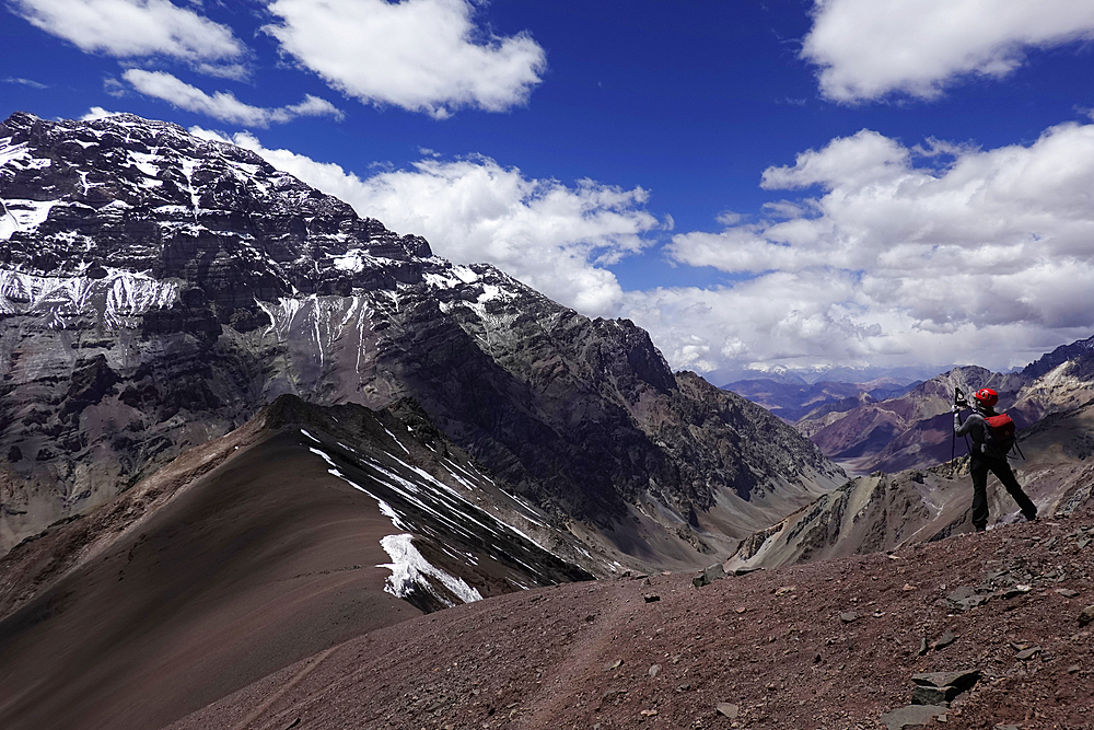 Climber approaching Aconcagua, 6961 metres, the highest mountain in the Americas, Andes, Argentina, South America