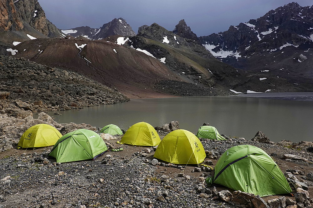 Tents in the remote and spectacular Fann Mountains, part of the western Pamir-Alay, Tajikistan, Central Asia, Asia