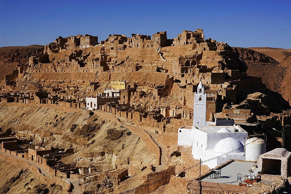 The hilltop town of Chenini, known for its Berber troglodyte structures, Tataouine region, southern Tunisia