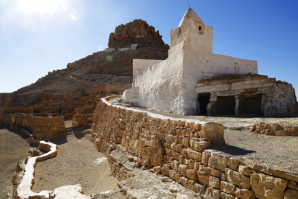 Mosque in the ruins of Berber troglodyte structures, Tataouine region, southern Tunisia