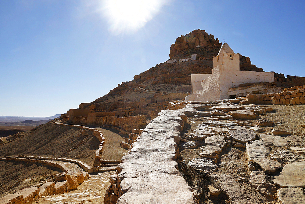 Mosque in the ruins of Berber troglodyte structures, Tataouine region, southern Tunisia