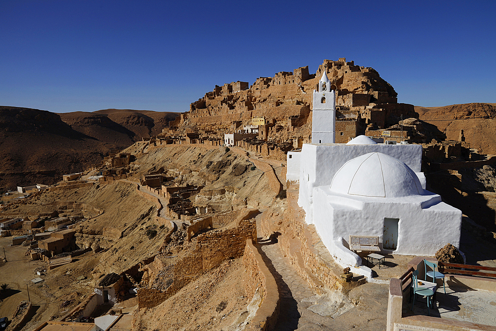 The hilltop town of Chenini, known for its Berber troglodyte structures, Tataouine region, southern Tunisia