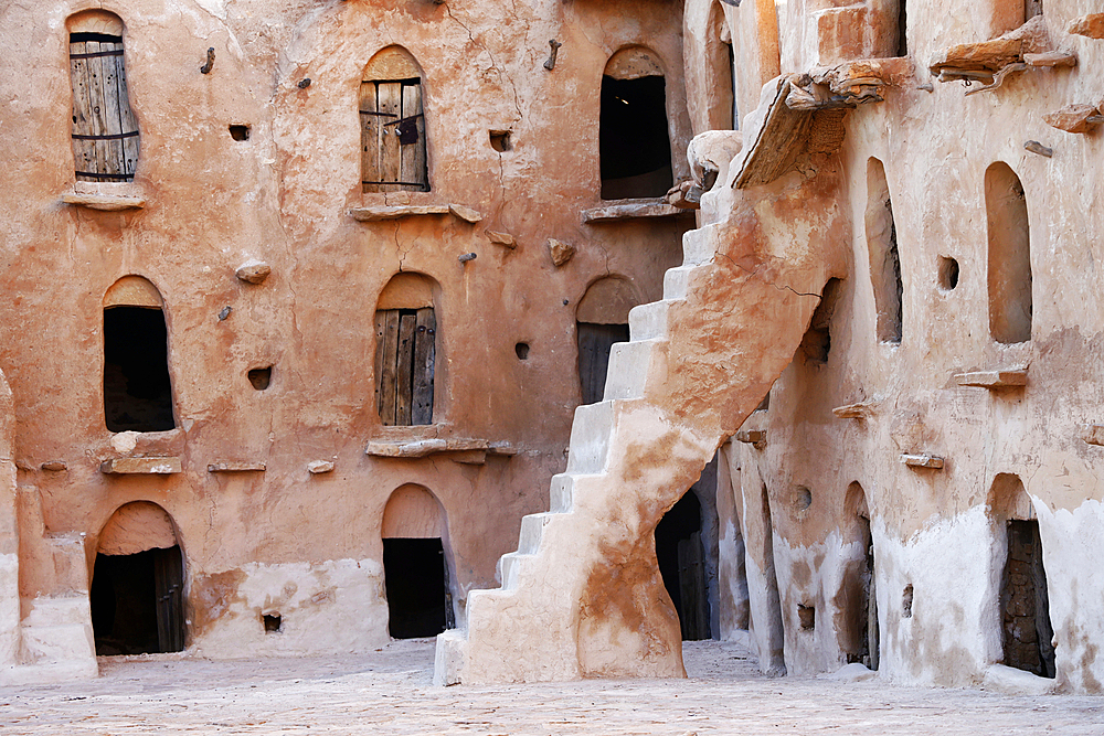 Ksar Ouled Soltane, a fortified granary, Tataouine district, southern Tunisia. The ksar is spread out over two courtyards, each of which has a perimeter of multi-story vaulted granary cellars, or ghorfas.