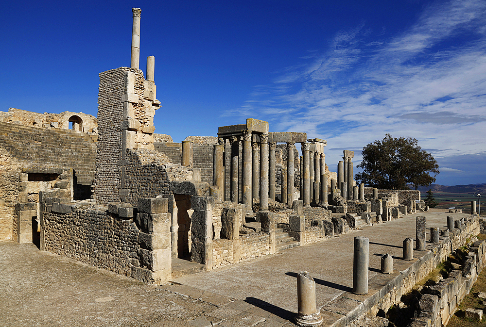 The ruins of the Roman town of Dougga, a UNESCO World Heritage site, valley of Oued Khalled, northwest Tunisia