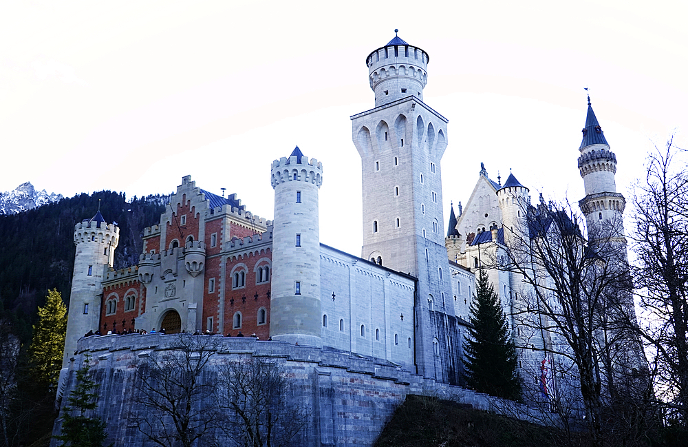 Neuschwanstein Castle, Southern Bavaria. This 19th-century historicist palace is built on a rugged hill of the foothills of the Alps in the very south of Germany and is a UNESCO World Heritage site.