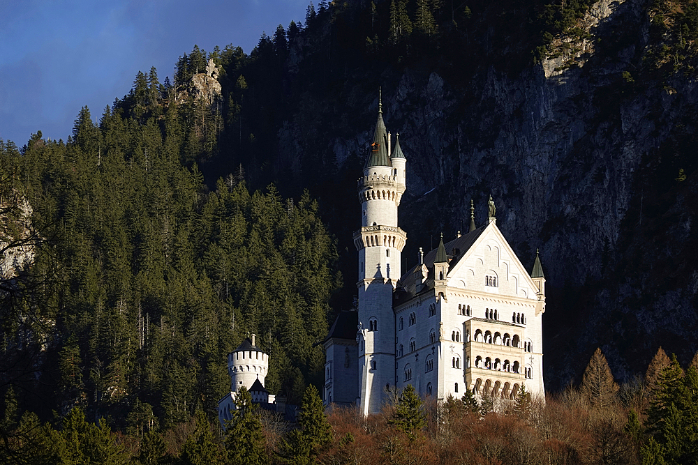 Neuschwanstein Castle, Southern Bavaria. This 19th-century historicist palace is built on a rugged hill of the foothills of the Alps in the very south of Germany and is a UNESCO World Heritage site.