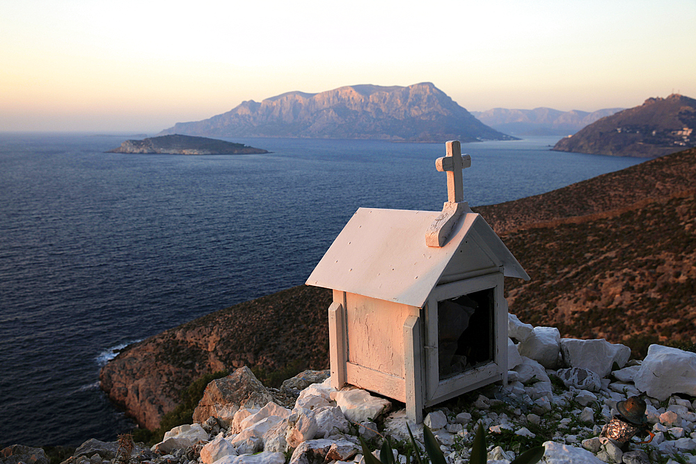 Looking towards Telendos from Kalymnos, Dodecanese, Greek Islands, Greece, Europe