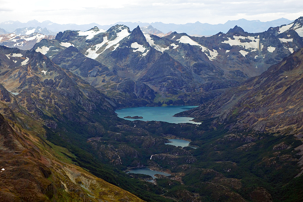 Looking across the wilderness of Tierra del Fuego from the Cordon Martial mountains, Patagonia, Argentina, South America