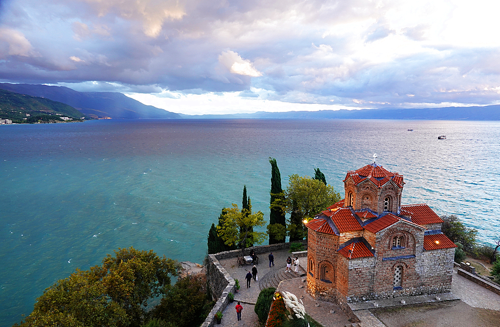 Church of Saint John the Theologian, a Macedonian Orthodox church situated on the cliff over Kaneo Beach, UNESCO World Heritage Site, overlooking Lake Ohrid, Macedonia, Europe